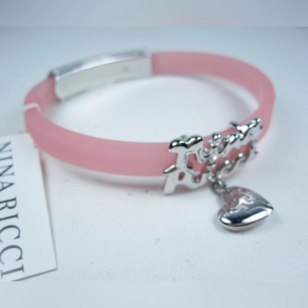 Nina Ricci Pink Silicone Bracelet w/ Dove Heart Charm | Adjustable 6.75”–7.5”